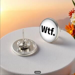 Funny WTF Statement Stud Earrings – Bold Round Acrylic Earrings – White – Trendy